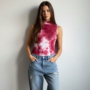 Pie in the Sky Red Tie-Dye Mock Neck Sleeveless Halter Seamless Bodysuit Size M